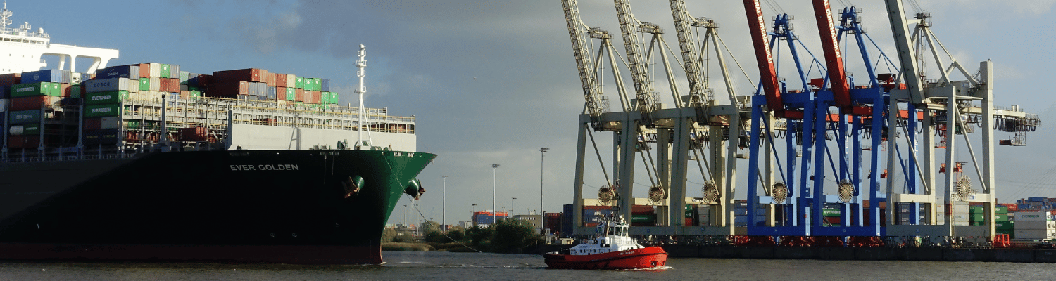Containerschiff im Hafen mit Kränen – erklärt MWST Import im internationalen Handel für Unternehmen.